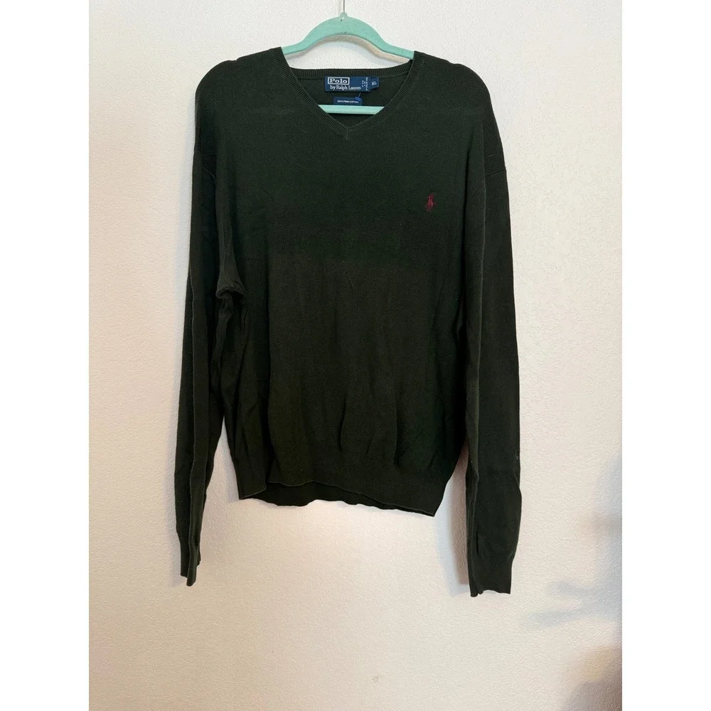 Polo Ralph Lauren Mens XL Green Pima Cotton V Neck Long Sleeve‎ Sweater